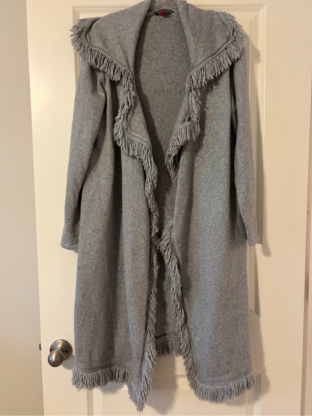 Vince Camuto Gray Fringed Open-Front Knit Cardigan Duster
